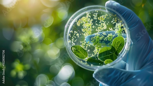 A gloved hand holding a petri dish containing green foliage and small white objects, with a blurred green background.