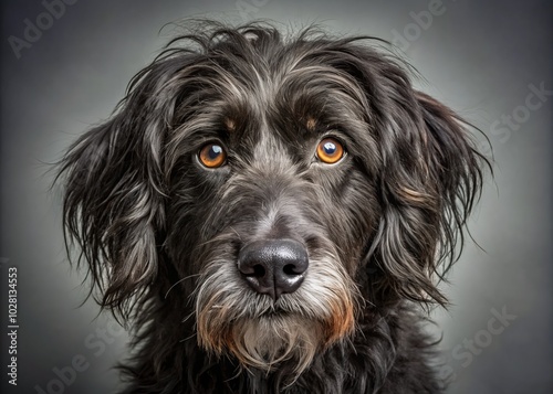 Closeup of a Scruffy Black Dog with Grey Background, Emphasizing Texture and Expression for Pet Lovers and Animal Photography Enthusiasts