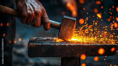 A blacksmith working with a glowing piece of iron