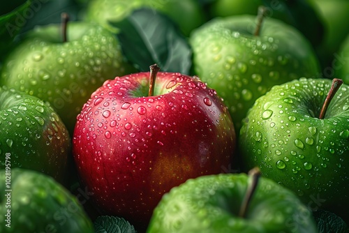 A single red apple stands out among a group of green apples, all glistening with water droplets.