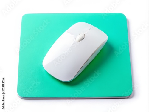 White Wireless Mouse on Mouse Pad Isolated on White Background - Perfect for Tech and Office Themes