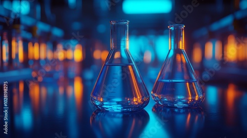 Two beakers filled with clear liquid stand on a lab table in front of a blurred background of other lab equipment.