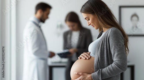 Close-up of a pregnant woman holding her belly at a prenatal appointment, blurred doctor in the background, healthcare and motherhood, pregnant woman, prenatal care