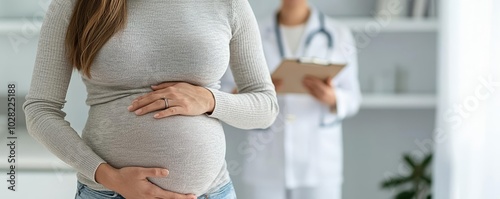 Pregnant woman at a medical clinic, hands on her belly, doctor with clipboard in the background, motherhood preparation, antenatal care, pregnancy appointment