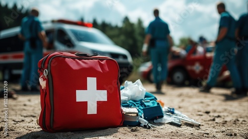 First Aid Kit for Medical Services. First aid kit stands prominently on the ground, symbolizing emergency medical services. Paramedics are visible in the background, prepared for any situation.