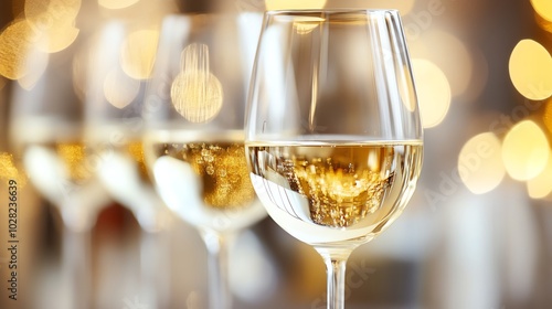 Close up of a glass of white wine, with other glasses blurred in the background.