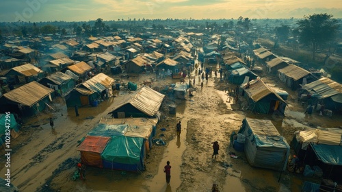 A refugee camp, with makeshift shelters and tents spread across a vast area, showing daily life and the challenges faced by displaced people, with humanitarian aid workers in action