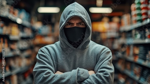 A hooded suspect lurks ominously in a retail aisle, capturing the reality of theft in a nighttime setting.