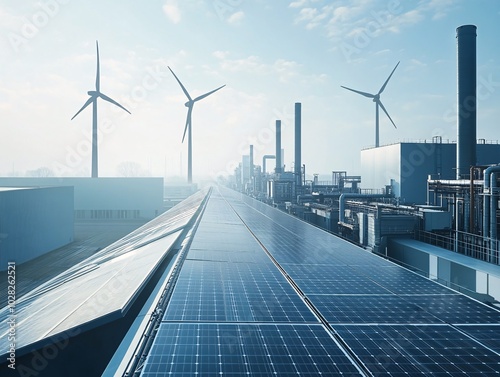 2408 48.A factory rooftop lined with solar panels, with tall wind turbines visible in the background under a cloudless blue sky. The clean, efficient design emphasizes the role of renewable energy in