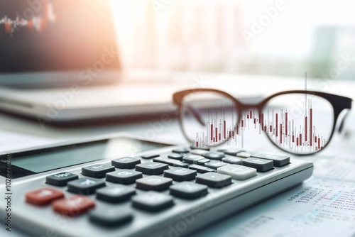 Calculator with a declining interest rate graph on the screen, financial analysis concept