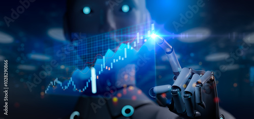 Robotic arm pointing at stock chart.Ai artificial intelligence tool analysis Data stock market.Investor use smart Ai robot automation technology for analysis graph data for decision trading,big data.