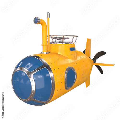 Yellow submarine with periscope isolated on white background