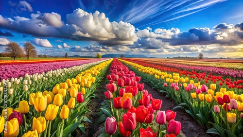  A colorful tulip field with rows of red, yellow, and pink flowers under a crisp blue sky