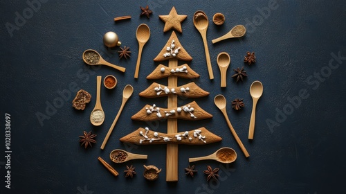 a charming new year's postcard showcasing a gingerbread cookie christmas tree, crafted with wooden spoons and spices, on a dark blue background with ample room for a celebratory message.