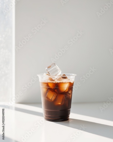 Iced Coffee in Plastic Cup with Ice Cubes.