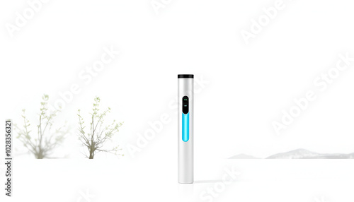 Portable UV water purification pen, plain exterior, white setting, rule of thirds, copy space