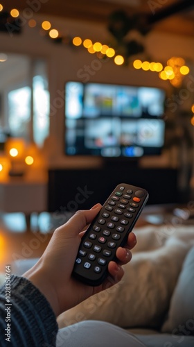 A man hand holding a TV's remote while sitting on a couch inside a modern living room