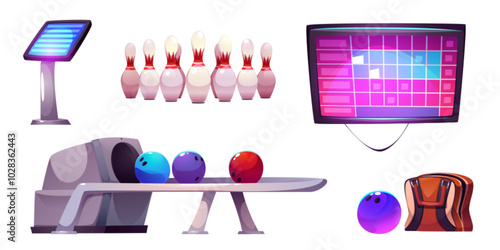 Bowling pin and ball vector game illustration. Strike tournament event with skittles. Kegling championship isolated icon set. Movement alley for sphere and gambling screen with scoreboard design