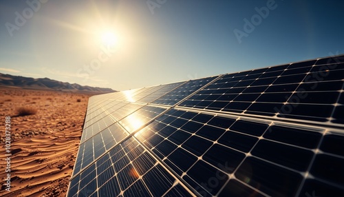 A low angle shot of solar panels glistening under the bright midday sun in a desert landscape,environment,alternative energy