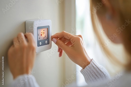 Person Adjusting Temperature On Thermostat, Generative AI