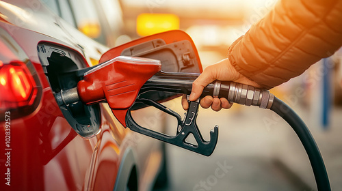 Person refueling a car with a gasoline fuel nozzle