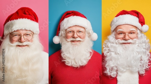 Three cheerful Santa Clauses pose against vibrant backgrounds, spreading holiday joy, AI