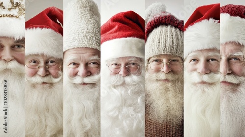 Seven Santa Clauses with different hats and expressions bring festive cheer, AI