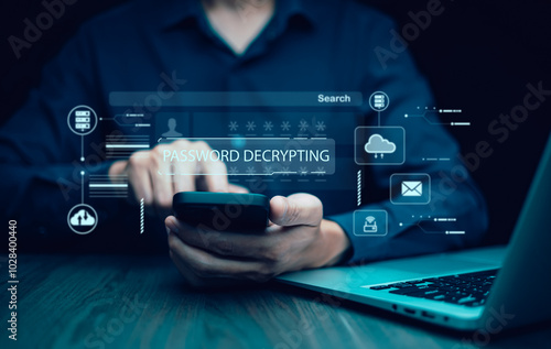 Data encryption concept.Cyber security and online data protection with tacit secured encryption software.phishing and hacking, data encryption and protection.Digital data security padlock