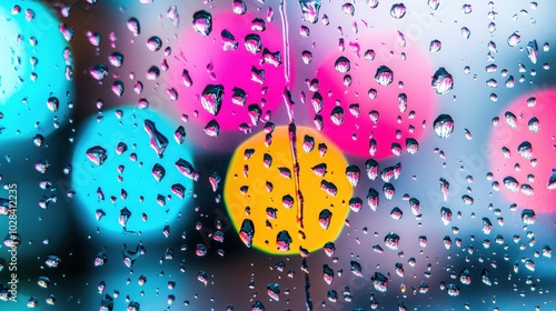 A window with raindrops sliding down, revealing a hidden colorful world behind it, transparency in communication and vision