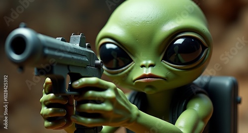 A green-skinned alien with a large bulbous head and huge black eyes holds a clearly fake ray gun. Its tentacle-like fingers fumble as it squeezes into a cramped, tiny spaceship. Despite its serious ex