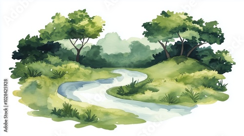 A set of watercolor of a serene river winding through a lush forest, capturing the tranquility of nature, Clipart isolated minimal with white background 