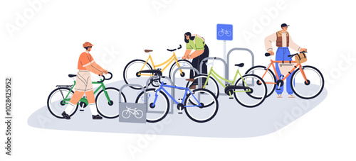 Bicycle parking lots in city. Cyclists locking bikes, eco transport station, area for storing. People and sustainable cycling vehicles outdoors. Flat vector illustration isolated on white background