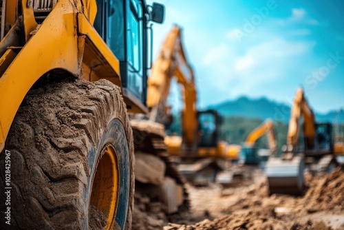 Closeup of a large yellow construction vehicle tire with dirt and other construction vehicles blurred in the background.