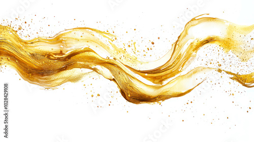 A golden wavy line with shining drops and splashes on a white background, hand-drawn. A brilliant luxurious golden textured brush stroke. An elegant element for the design