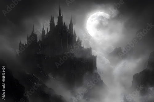 Gothic castle shrouded in fog on a spooky night under the full moon. Generative AI