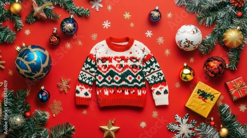 festive national ugly christmas sweater day decorations in vibrant flat lay composition