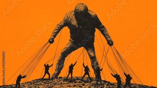 Workers with strings attached to their limbs being pulled in different directions by a large, looming figure