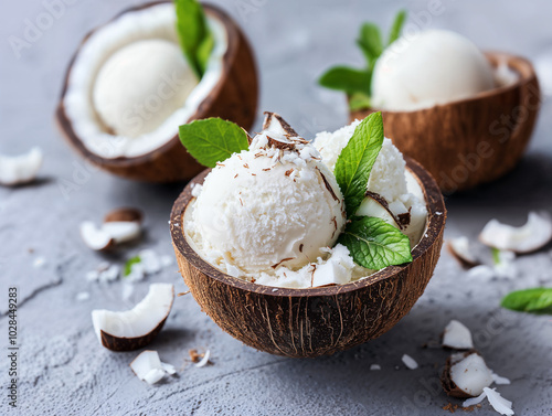 Coppa di gelato al cocco su coppette di noce di cocco, foglie di menta e granella, ingredienti sfocati sul piano del tavolo grigio, profondità di campo ridotta