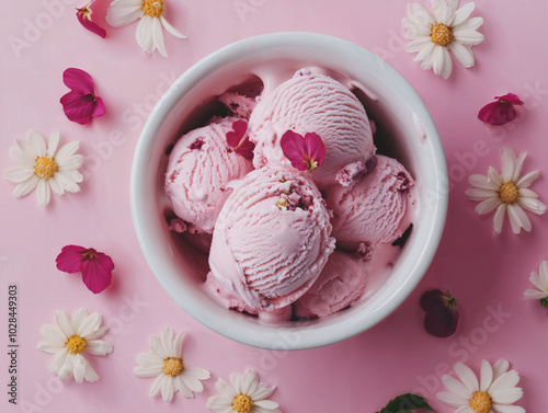 Coppa di gelato con palline alla fragola e lampone vista dall'alto, decoro con fiori margherite e violette, piano del tavolo rosa viola, profondità di campo ridotta