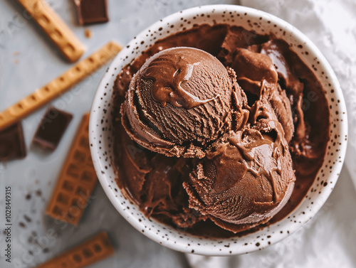 Coppa di gelato al cioccolato con palline vista dall'alto e ingredienti cubetti e waffle sul tavolo piano grigio chiaro, profondità di campo ridotta