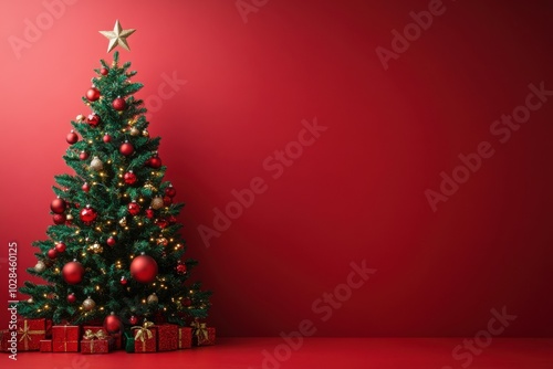 Christmas tree with decorations and sparkling fairy lights, with solid red background, copy space, Merry Christmas background, holiday decor ad, festive showcase