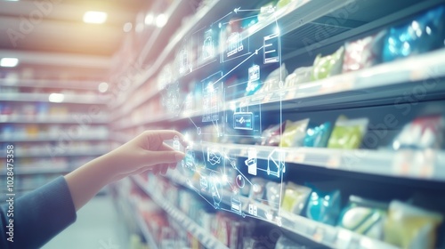 A person interacts with a digital display while shopping in a supermarket aisle, showcasing modern technology in retail.