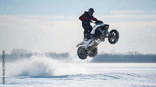 A snowmobile rider pulling off a wheelie on a flat snow-covered field with the front of the machine lifted high in the air.