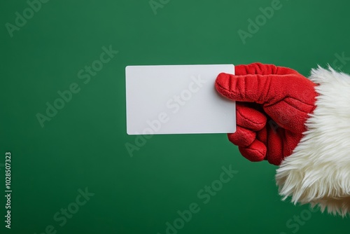 Santa Claus Hand Holding White Credit Card Isolated On Dark Green Emerald Background. Close Up. Christmas Gifts Buying. White Gloved Hand with Plastic Gift Card MockUp. Advertisement gesture.