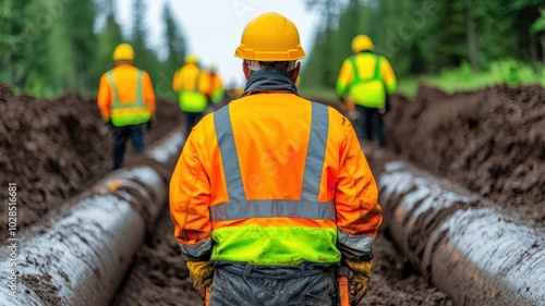 A detailed underground oil pipeline engineering repair site featuring skilled technicians using advanced tools and equipment