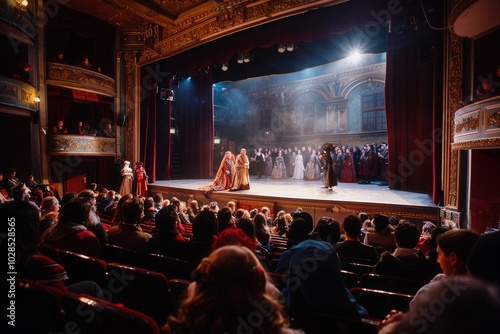 Actors in full costumes entertain an engaged audience, creating a captivating atmosphere in the historic theater during a live performance. Generative AI