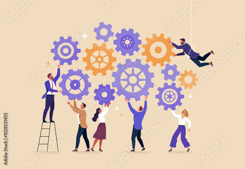 Business Teamwork concept. Contemporary flat style abstract vector illustration of a company of diverse people establishing a work process in gears. Isolated on background