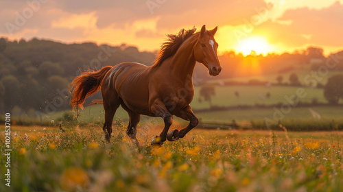 Brown horse trotting in meadow at sunset