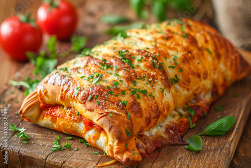 Delicious homemade calzone lying on wooden cutting board