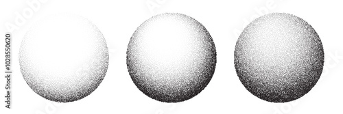 Dot grain texture circles vector set. Abstract black spheres with gradient stipple pattern, globes with gradation to fade of monochrome grainy dots or noise dust on white background.